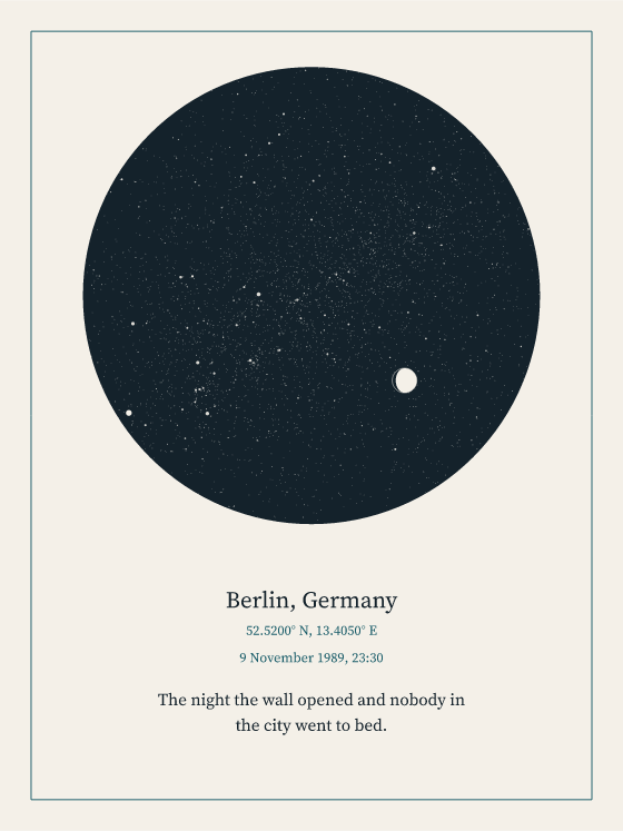 Render of the unframed poster: the sky over Berlin at half past eleven on the night the Wall opened.