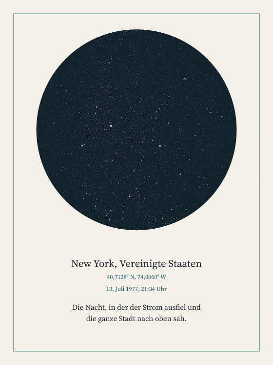 Render des ungerahmten Posters: der Himmel über New York in der Minute, in der 1977 der Stromausfall begann. Der Mond war schon untergegangen.