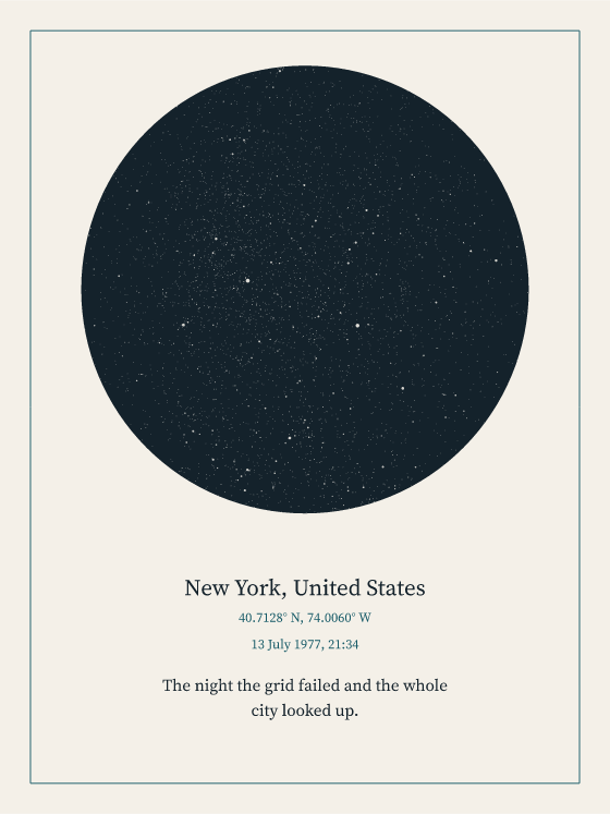 Render of the unframed poster: the sky over New York at the minute the 1977 blackout began. The Moon had already set.